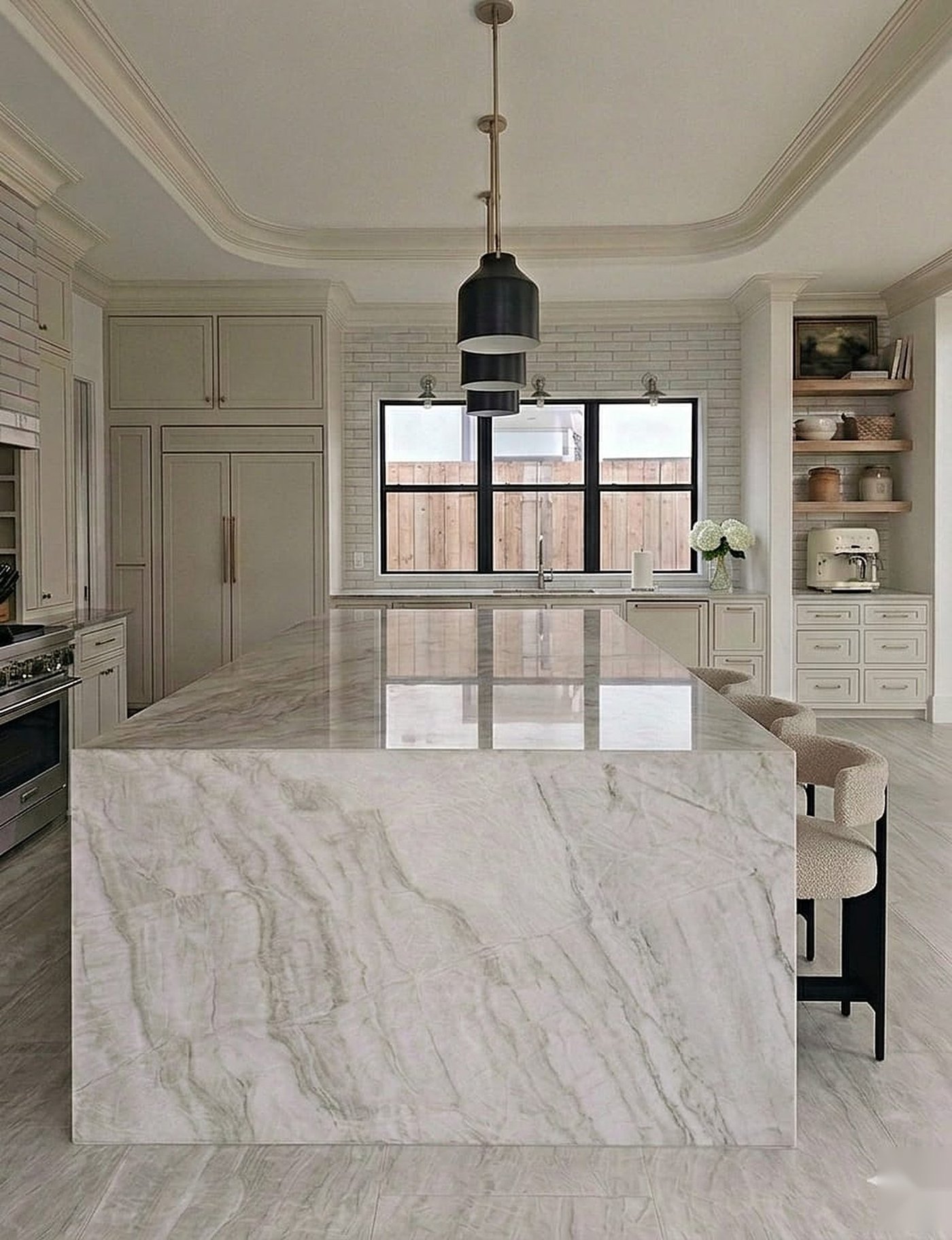 Quartzite waterfall island kitchen