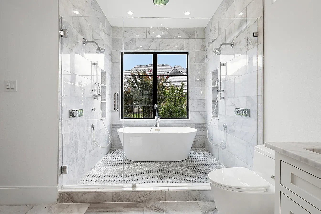 Marble primary bath with freestanding tub